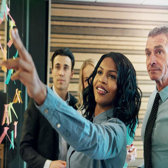 Young female change practitioner presenting to work colleagues